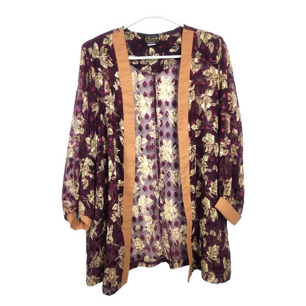 Vintage Kareli Sheer Gold Floral Print Kimono Ope… - image 1