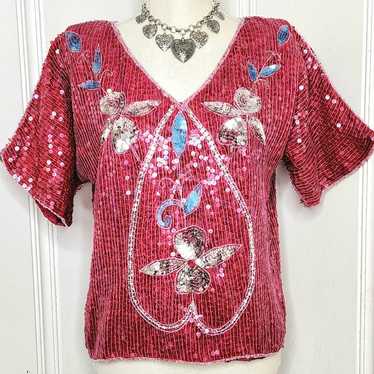 Vintage 100% Red Silk Top Beads & Sequins Boxy Cu… - image 1