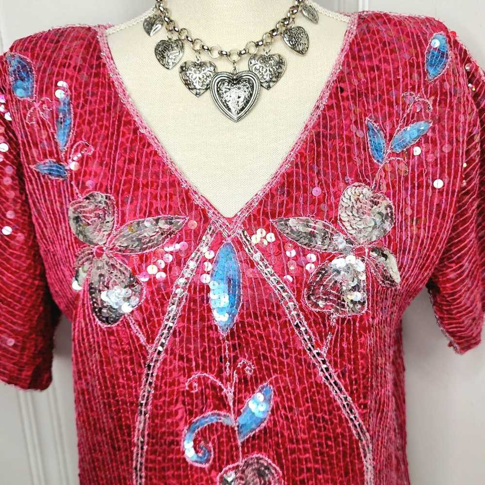 Vintage 100% Red Silk Top Beads & Sequins Boxy Cu… - image 2