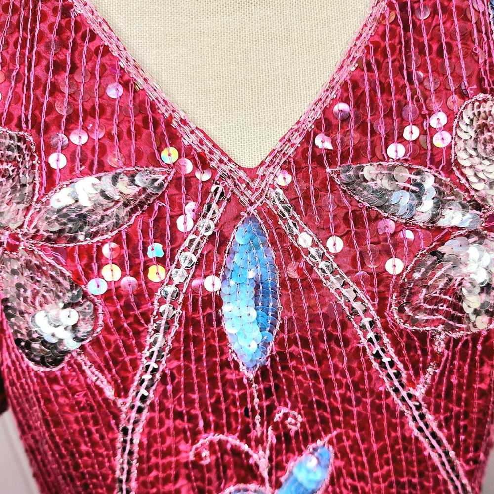 Vintage 100% Red Silk Top Beads & Sequins Boxy Cu… - image 3