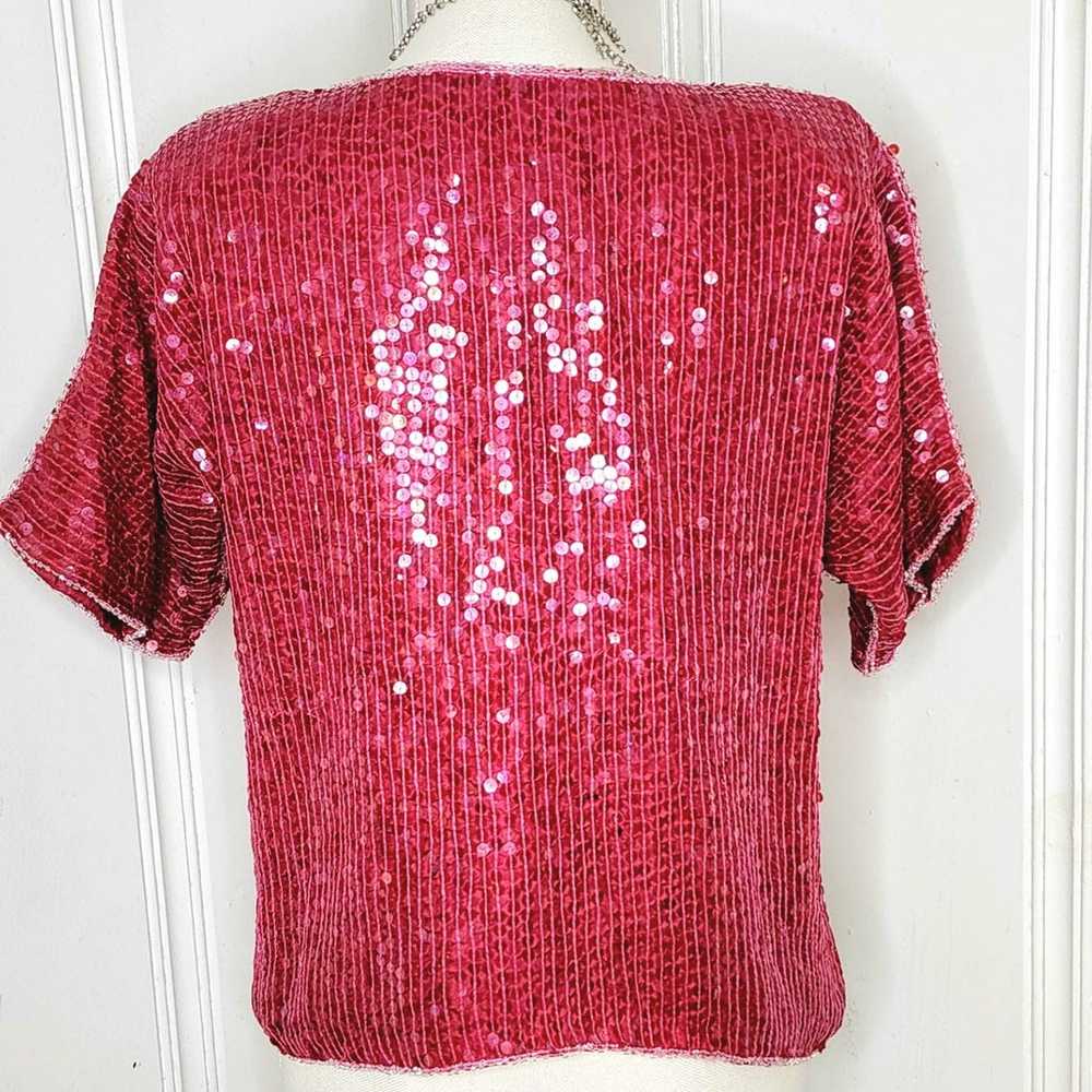 Vintage 100% Red Silk Top Beads & Sequins Boxy Cu… - image 7