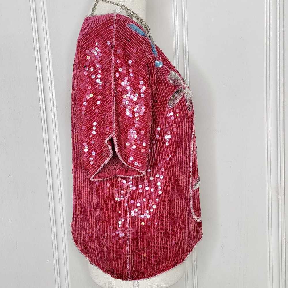 Vintage 100% Red Silk Top Beads & Sequins Boxy Cu… - image 9