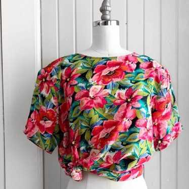 Vintage Tess Silk Blouse Bright Floral Print Size 