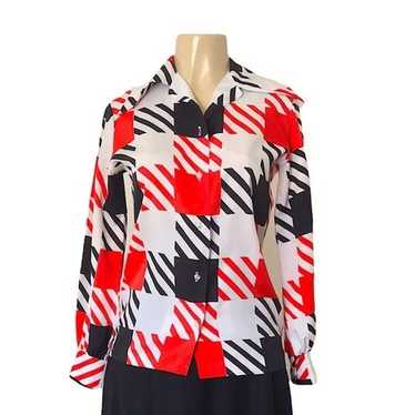Vintage Mod Block Button Up Top Red, White and Bl… - image 1