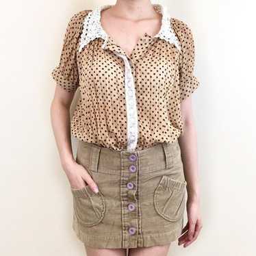 Vintage Cream Polka Dot Collar Pleated High Low T… - image 1