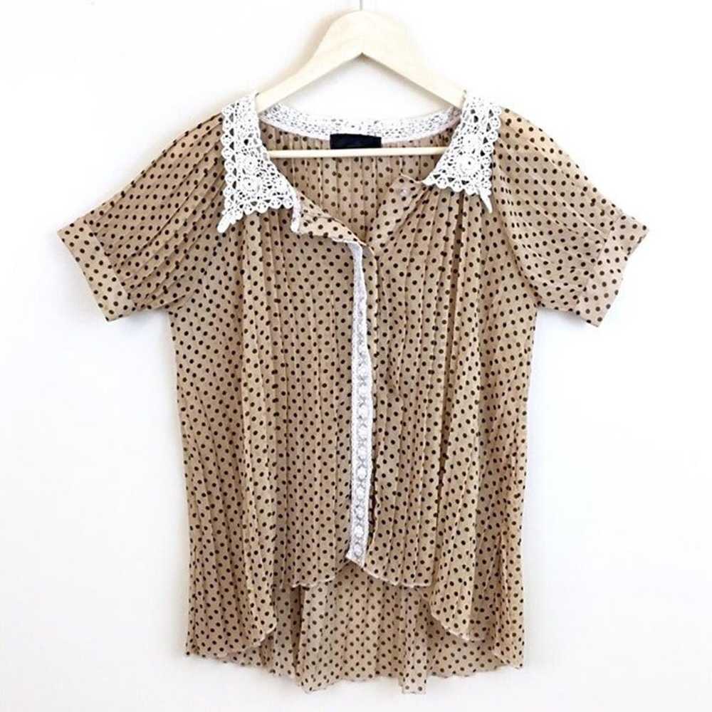 Vintage Cream Polka Dot Collar Pleated High Low T… - image 2