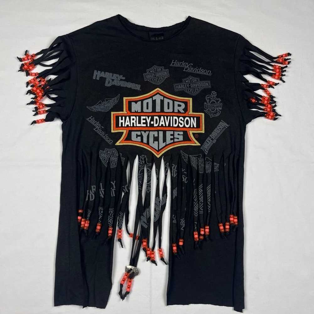 Vtg 3D Emblem Harley Davidson Womans Fringe T-Shi… - image 1