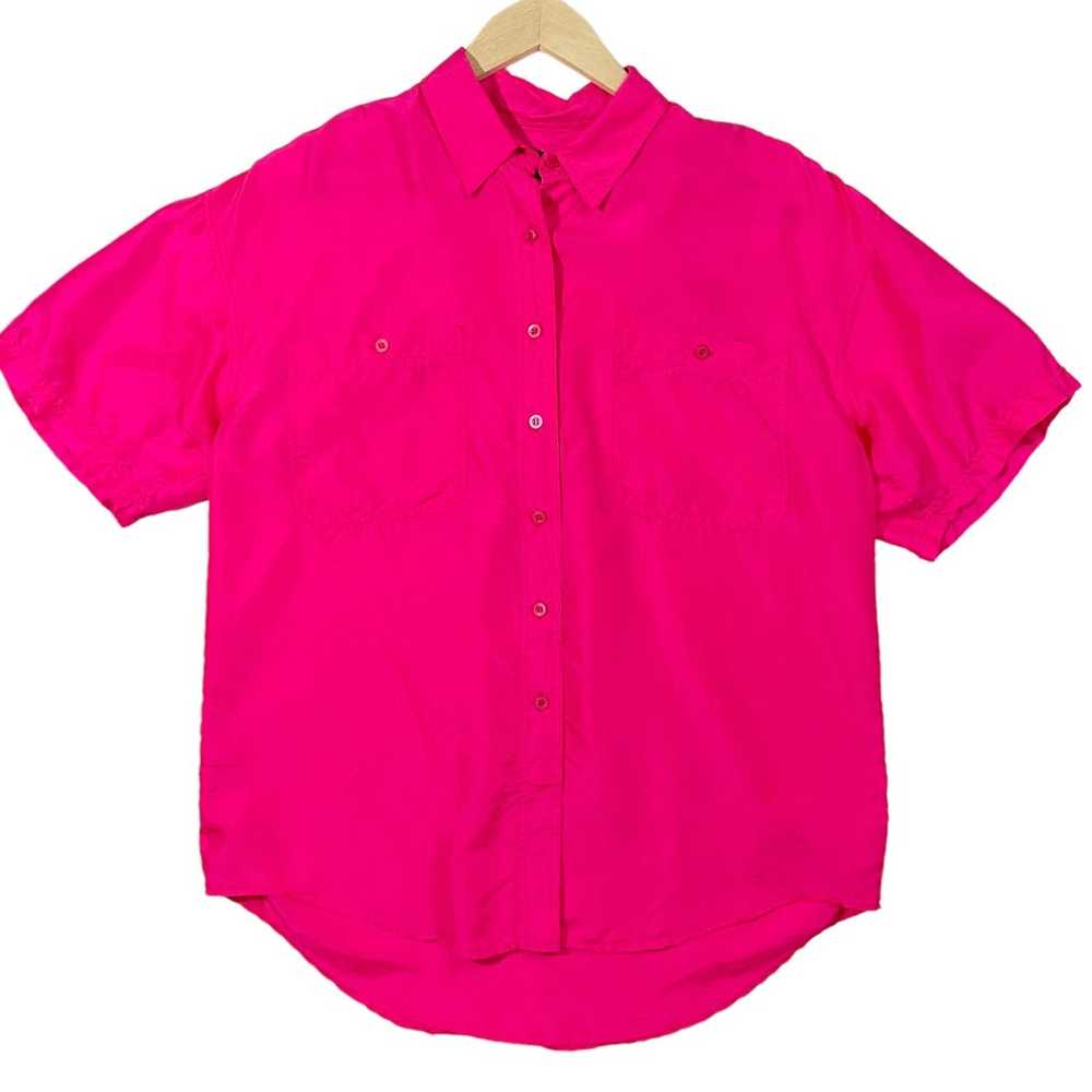 Vintage Hot Pink Silk Short Sleeve Button Up Blou… - image 1
