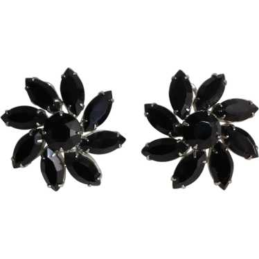 Faceted Black Glass Flower Clip Earrings