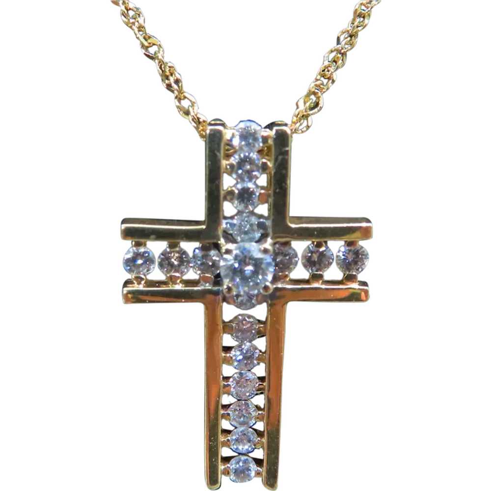Estate 14K Yellow Gold Diamond  Cross and Chain H… - image 1