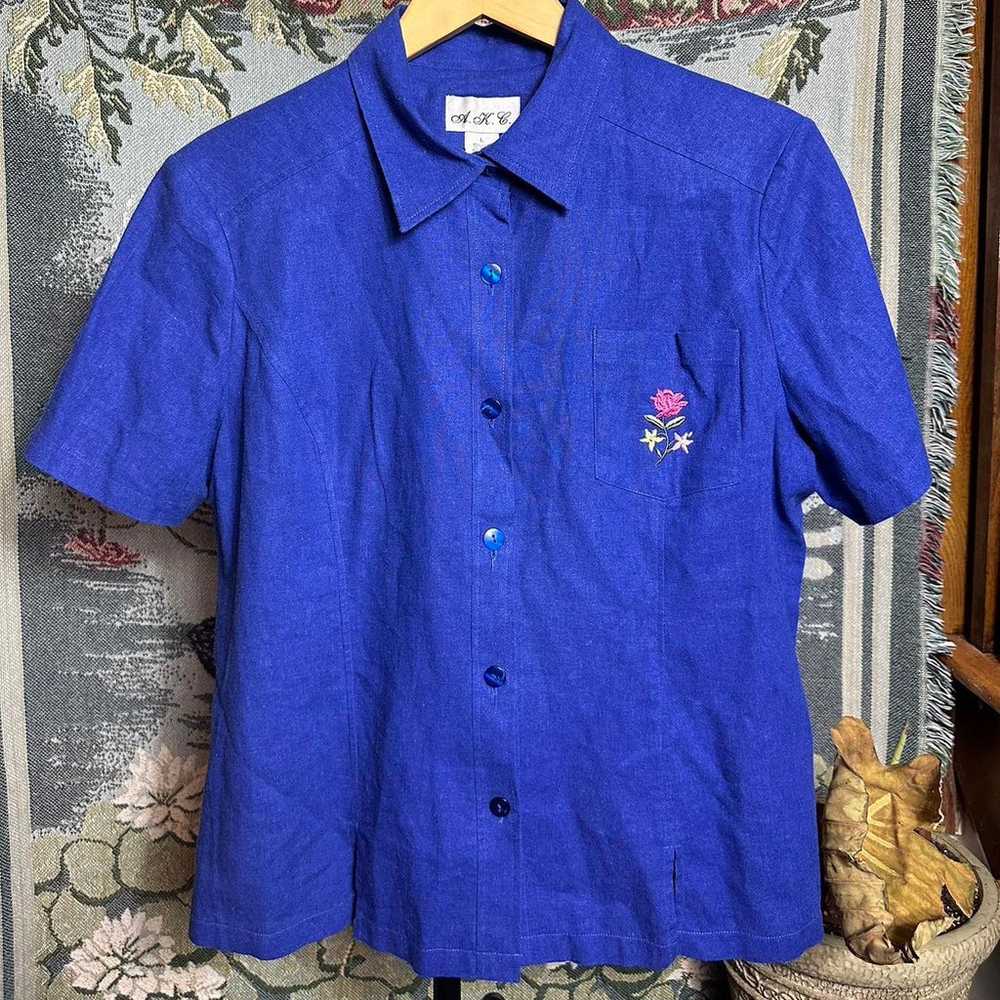 Vintage 1990s Ake Linen Flower Embroidered Shirt - image 1