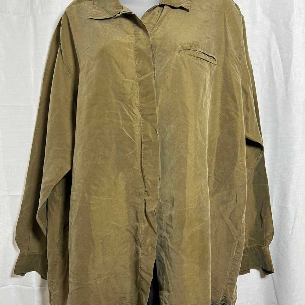 Vintage 100% Silk Button Down Blouse Army Green S… - image 3