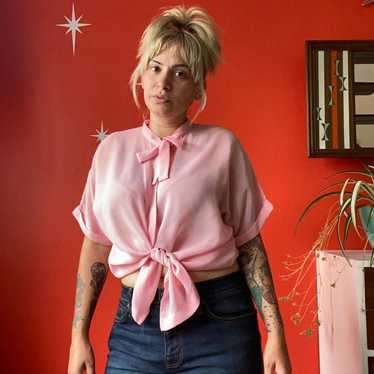 vintage 80s sheer pink bow blouse - image 1