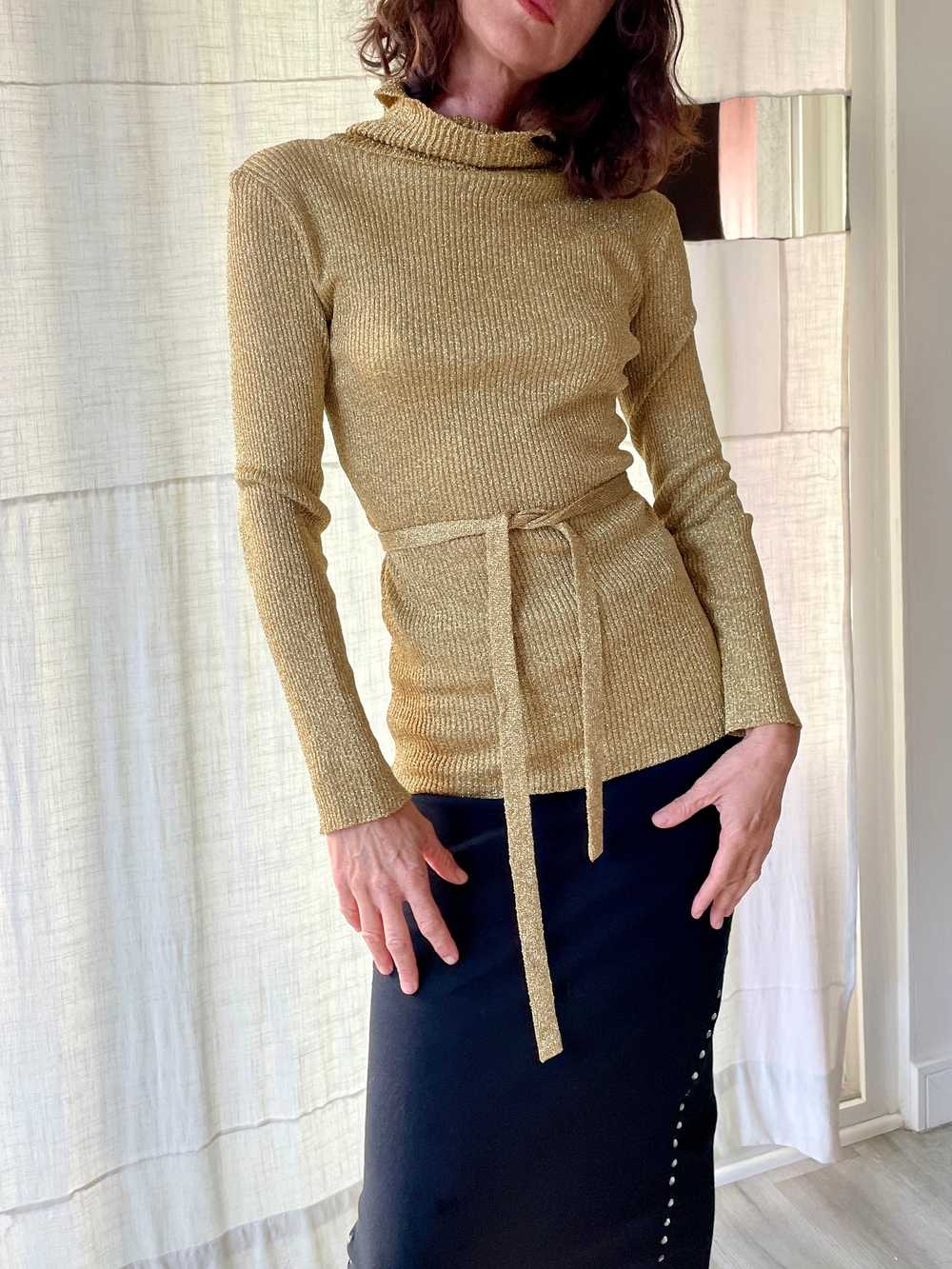 1970s Metallic Gold Lurex Turtleneck Blouse with … - image 1