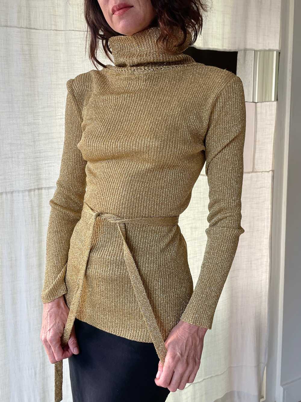 1970s Metallic Gold Lurex Turtleneck Blouse with … - image 2
