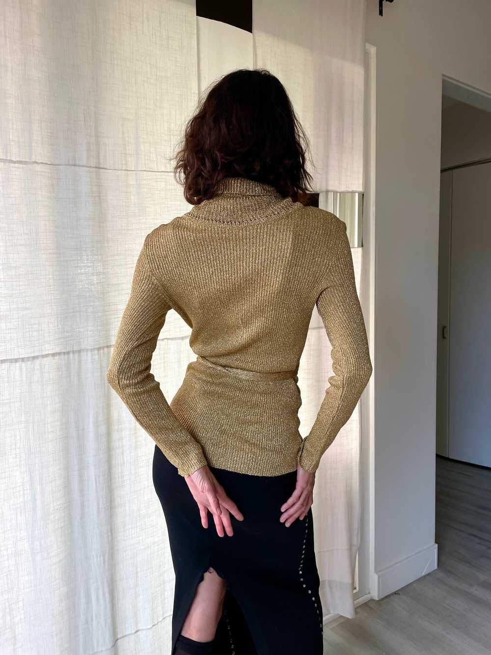 1970s Metallic Gold Lurex Turtleneck Blouse with … - image 4