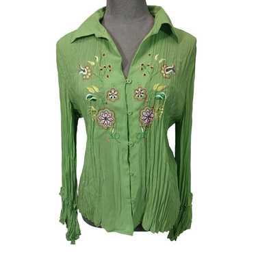 Como Embroidered Blouse Lime Green Floral Ruffle S
