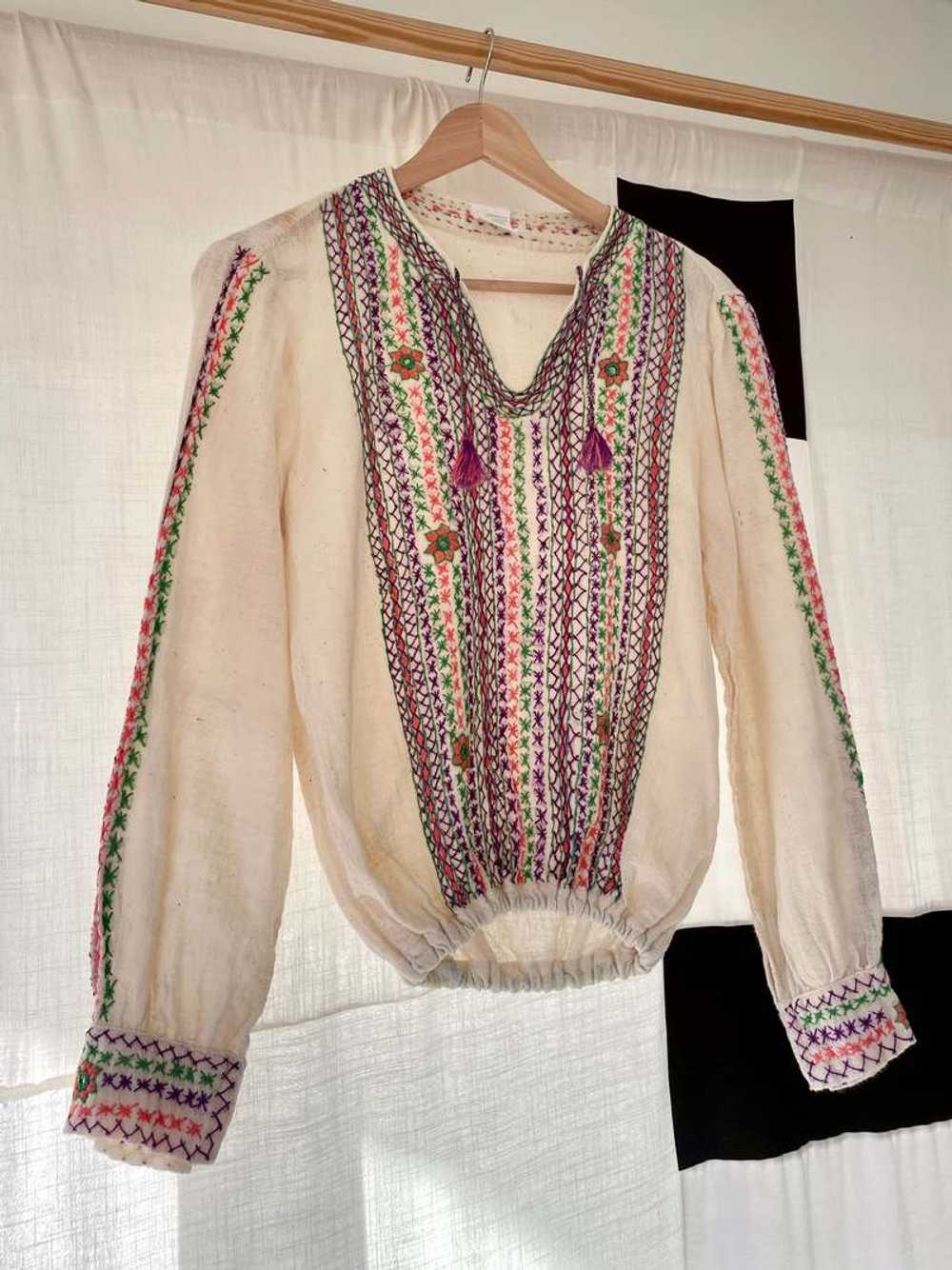 1970s Gauze Mirrored Embroidered Blouse w/ Tassel… - image 1