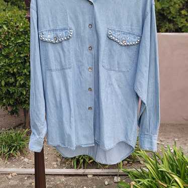 Vtg Daniel Caron Denim Button-up Shirt w/ Metal Ri