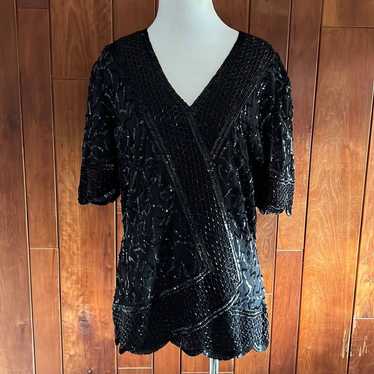 Vintage Laurence Kazar Beaded Sequin V Neck Top - image 1