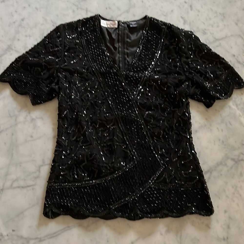 Vintage Laurence Kazar Beaded Sequin V Neck Top - image 2