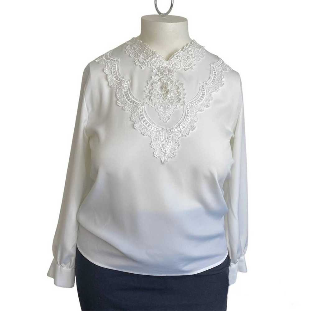 Vintage 90s ivory lace & beaded collar blouse 14 - image 1