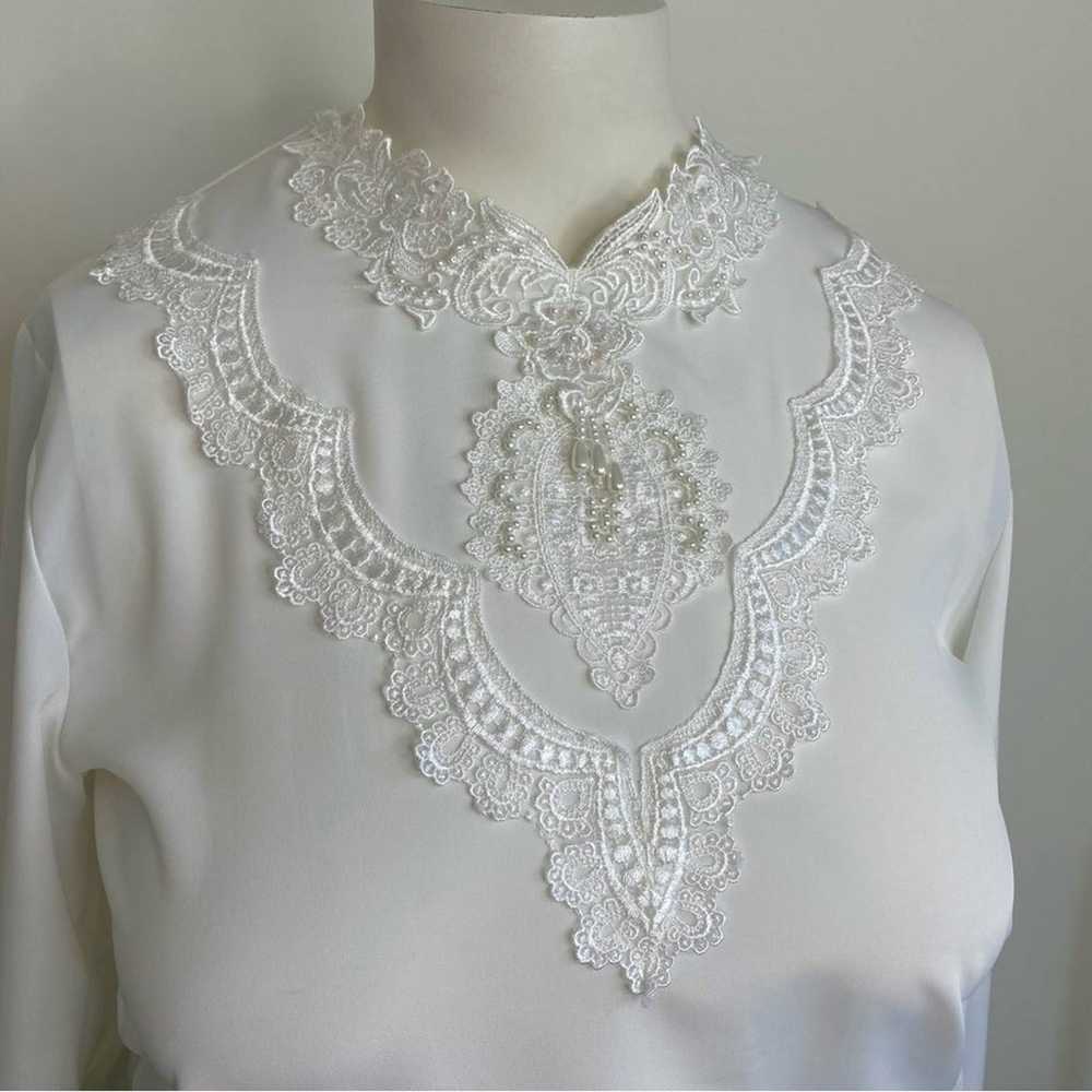 Vintage 90s ivory lace & beaded collar blouse 14 - image 2