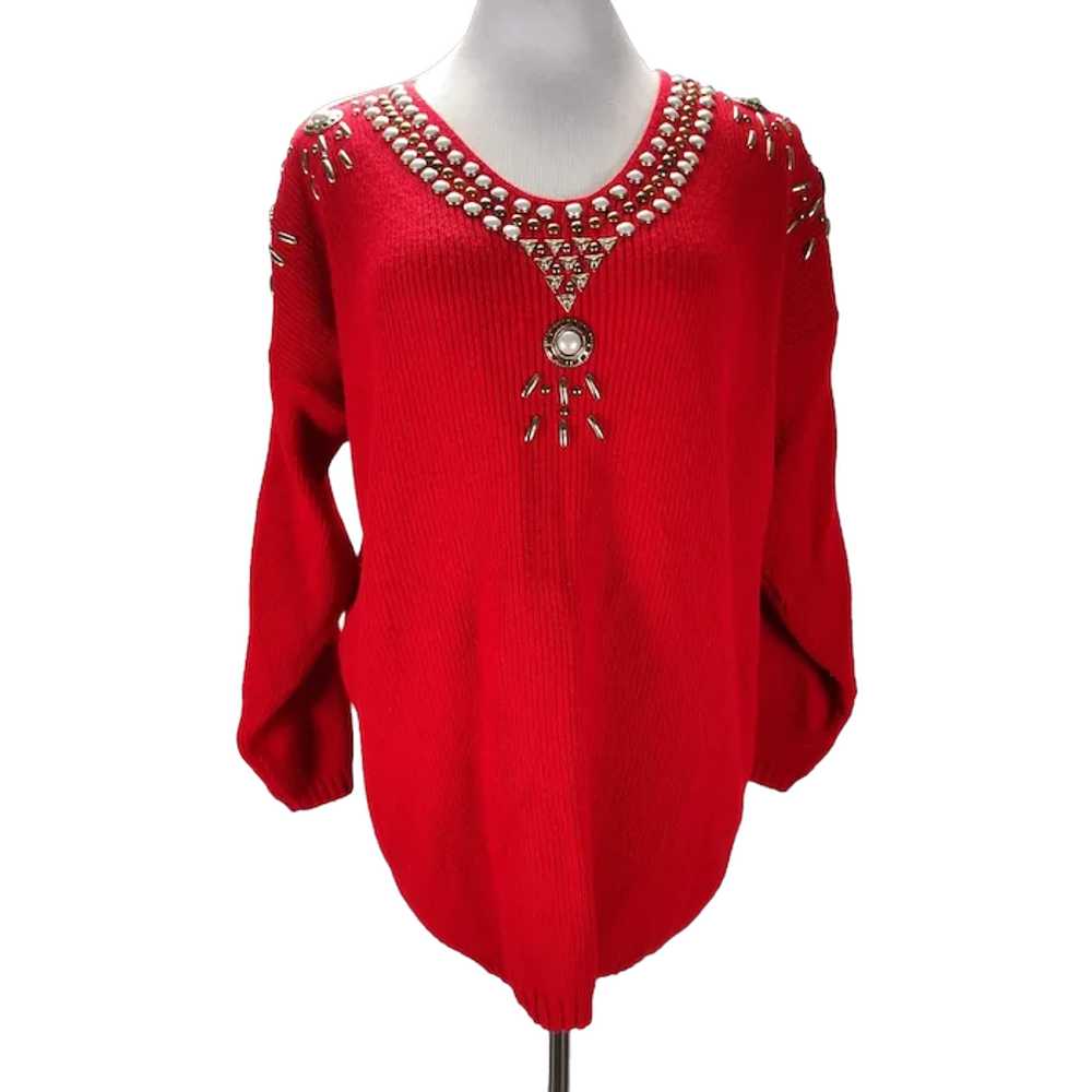 Red Western Sweater Size 1X Acrylic Knit Studs Pe… - image 1