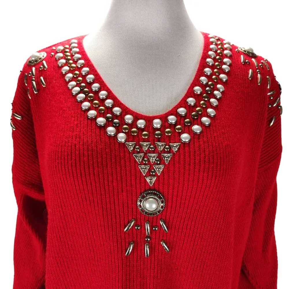 Red Western Sweater Size 1X Acrylic Knit Studs Pe… - image 7