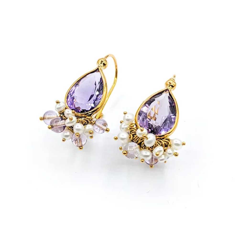 Whimsical Purple Amethyst & Pearl Earrings in Gold - image 2