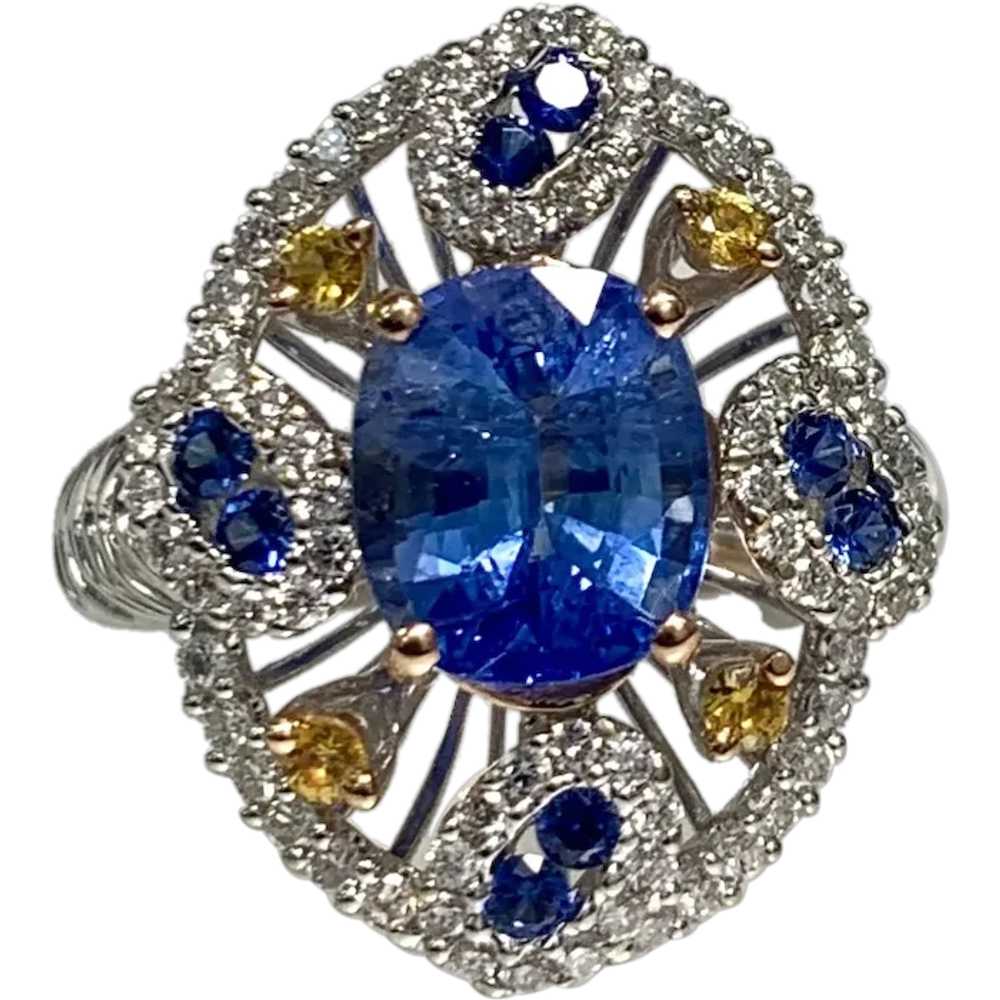 18K White Gold Oval Cut Blue Sapphire Diamond Eng… - image 1