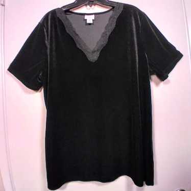 Jaclyn Smith Black Stretch Velveteen Blouse w/Lac… - image 1