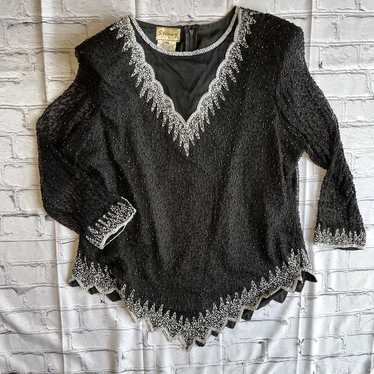 Vintage 80s Beaded Evening Top Womens Blouse Blac… - image 1