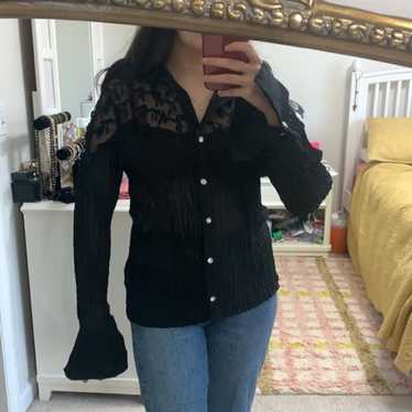 Y2K Crinkle Blouse XL Vintage Black Long Sleeve B… - image 1