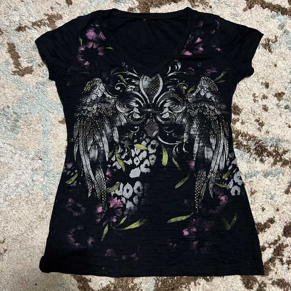Affliction Cyber Y2K Fleur Wings Womens Shirt Siz… - image 1