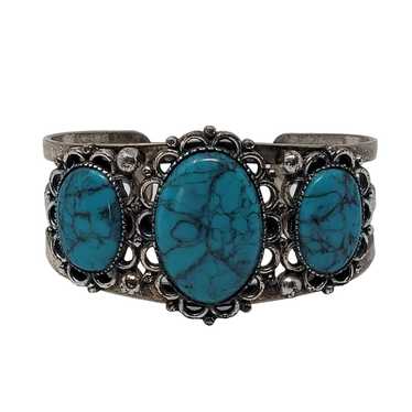 Vintage 90's Silver Tone Faux Turquoise Filigree … - image 1