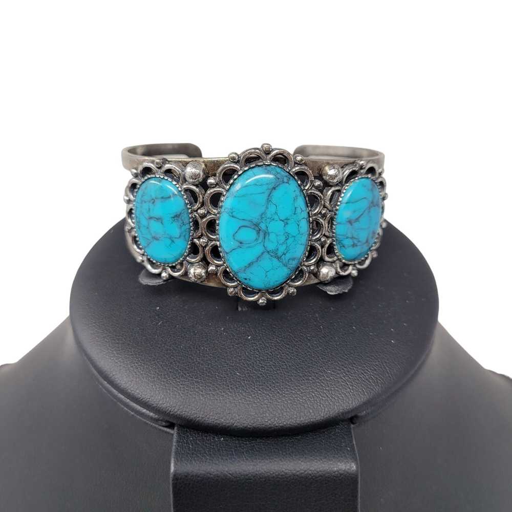 Vintage 90's Silver Tone Faux Turquoise Filigree … - image 7