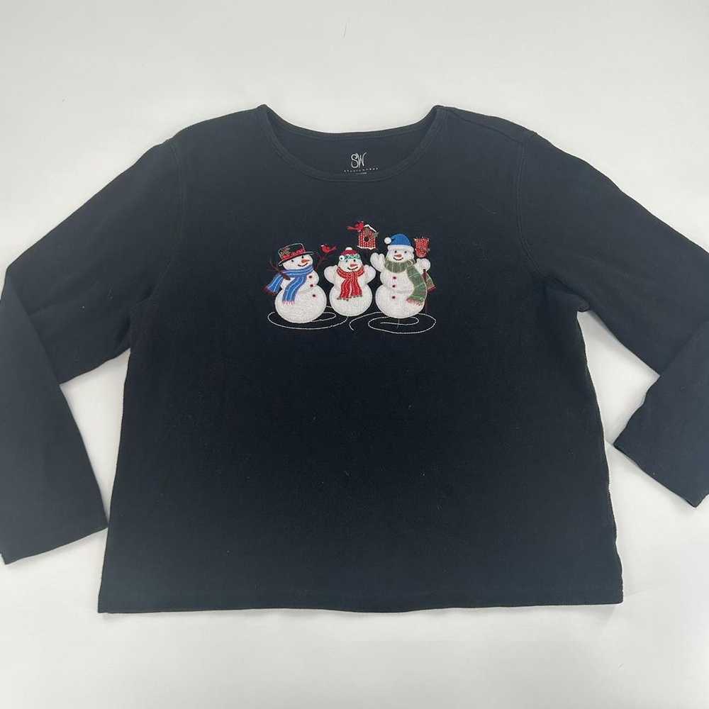 Vintage Vintage Black Embroidered Snowman Long Sl… - image 1