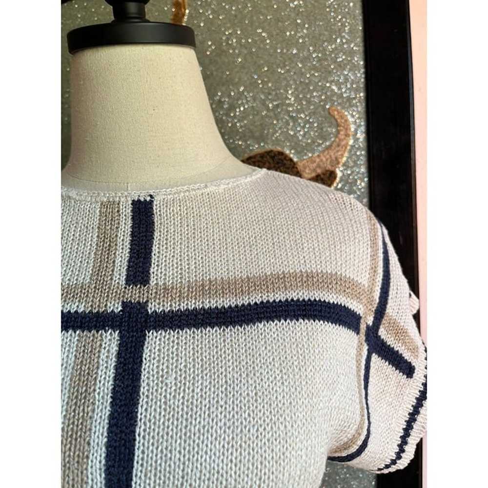 90s vintage sweater knit top linen neutral plaid … - image 2