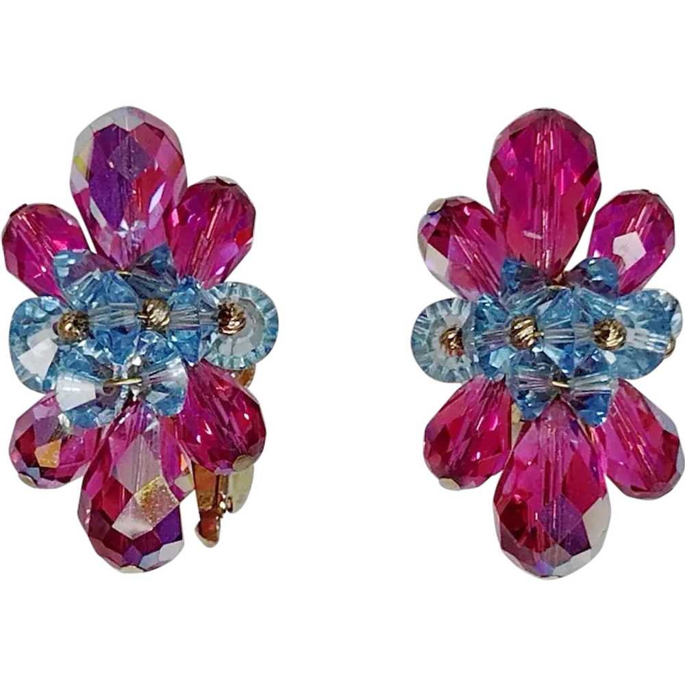 Vintage Vendome Blue and Fuchsia Crystal Earrings… - image 1