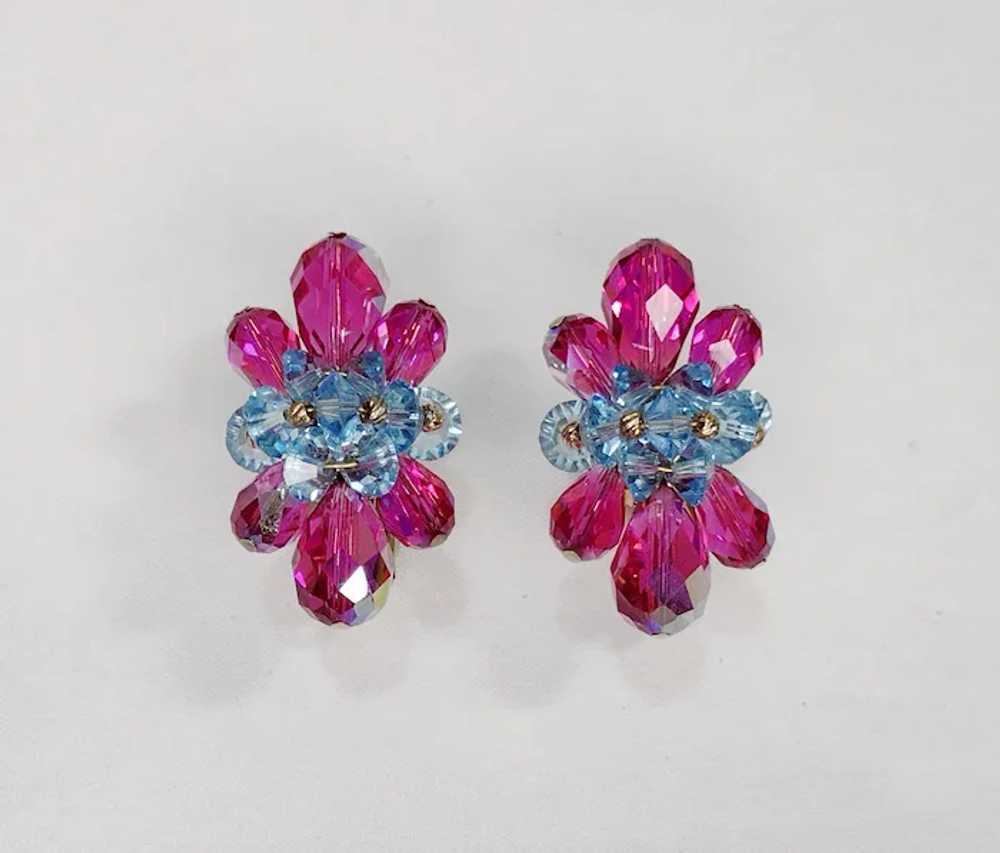 Vintage Vendome Blue and Fuchsia Crystal Earrings… - image 2