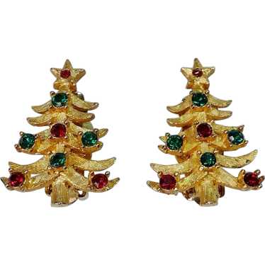 Vintage Mylu Christmas Tree Earrings, Rhinestone … - image 1