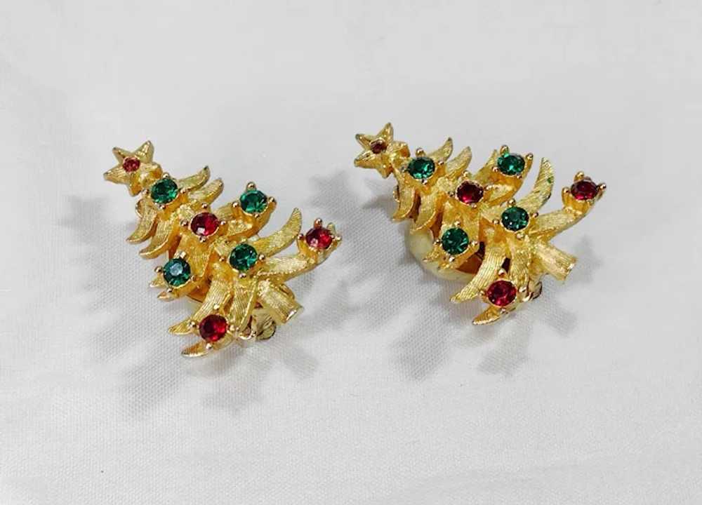 Vintage Mylu Christmas Tree Earrings, Rhinestone … - image 2