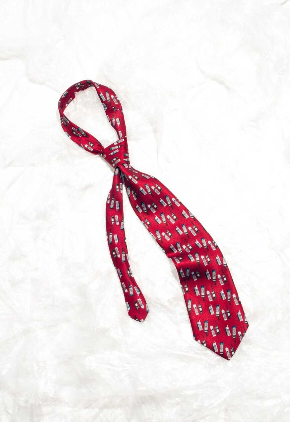 Vintage 90s Red Tie with Brick Phone Pattern - image 3