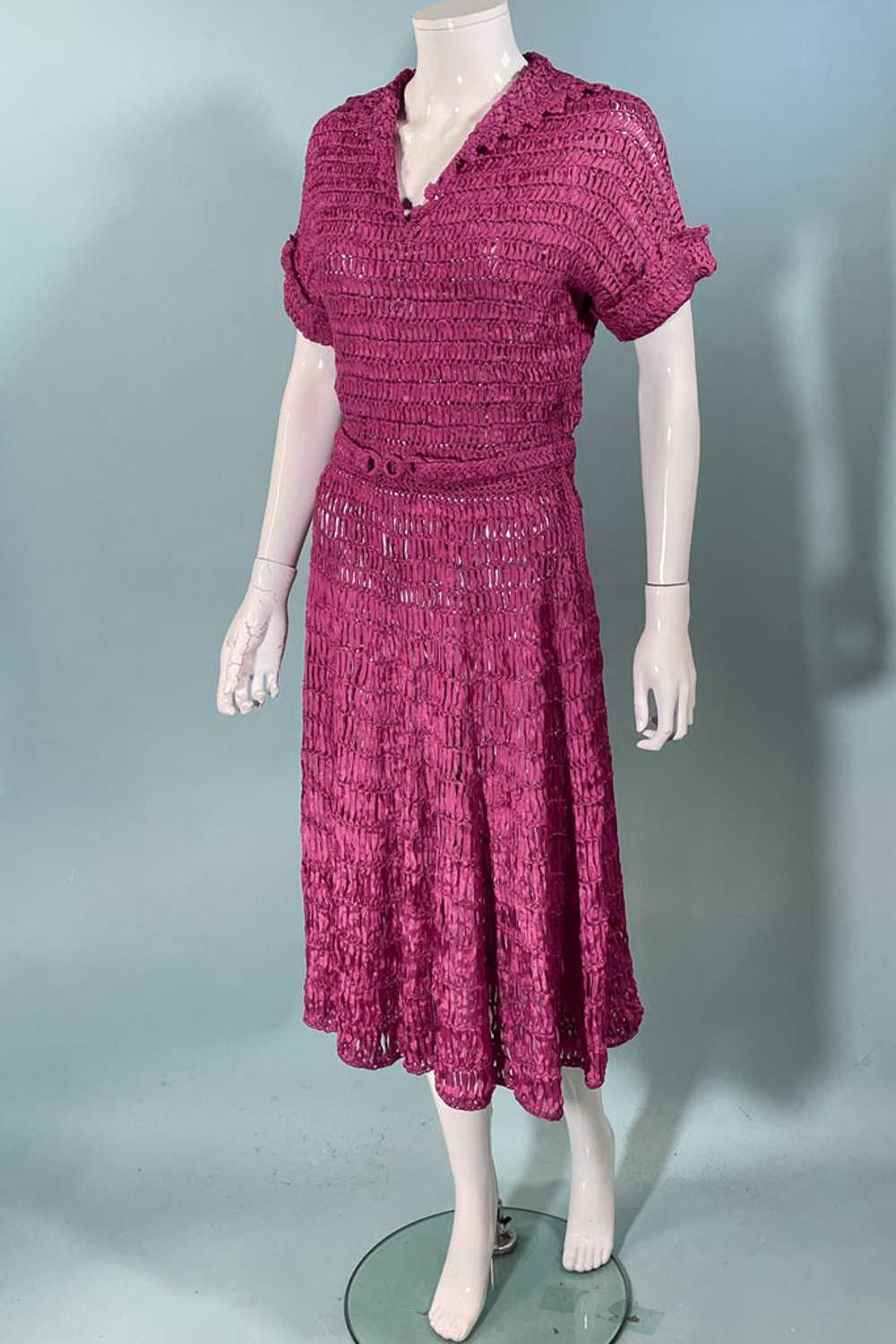 Vintage 40s Cranberry Red Ribbon Dress + Belt, Cr… - image 10