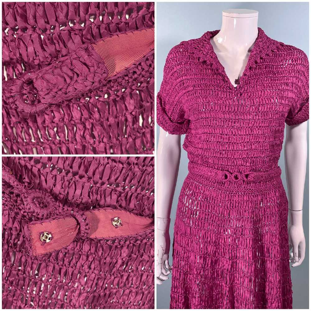 Vintage 40s Cranberry Red Ribbon Dress + Belt, Cr… - image 11