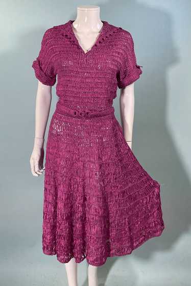 Vintage 40s Cranberry Red Ribbon Dress + Belt, Cr… - image 1