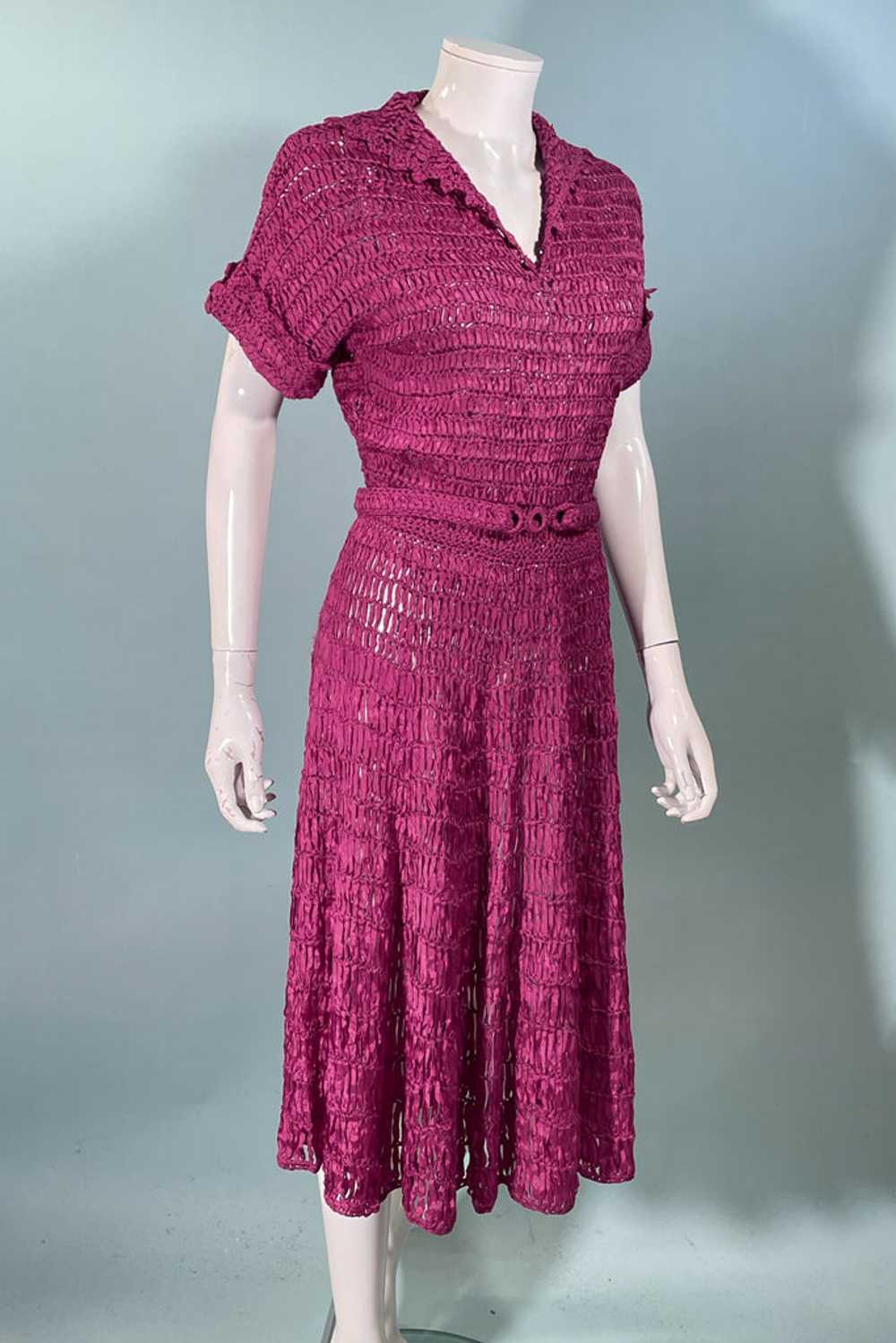 Vintage 40s Cranberry Red Ribbon Dress + Belt, Cr… - image 4