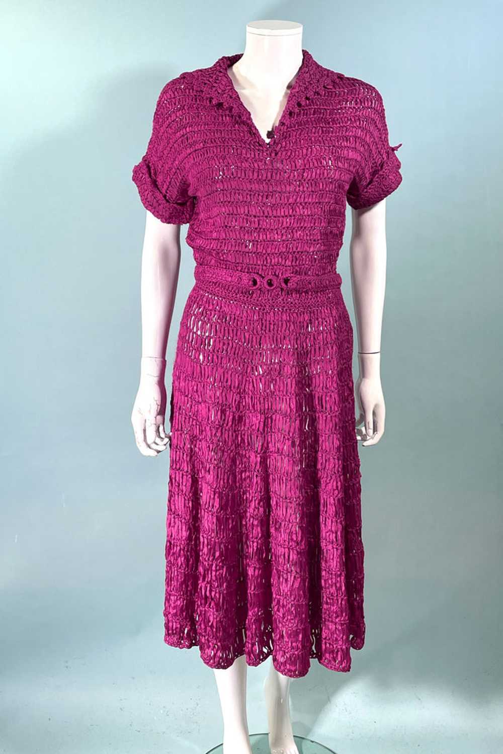 Vintage 40s Cranberry Red Ribbon Dress + Belt, Cr… - image 8