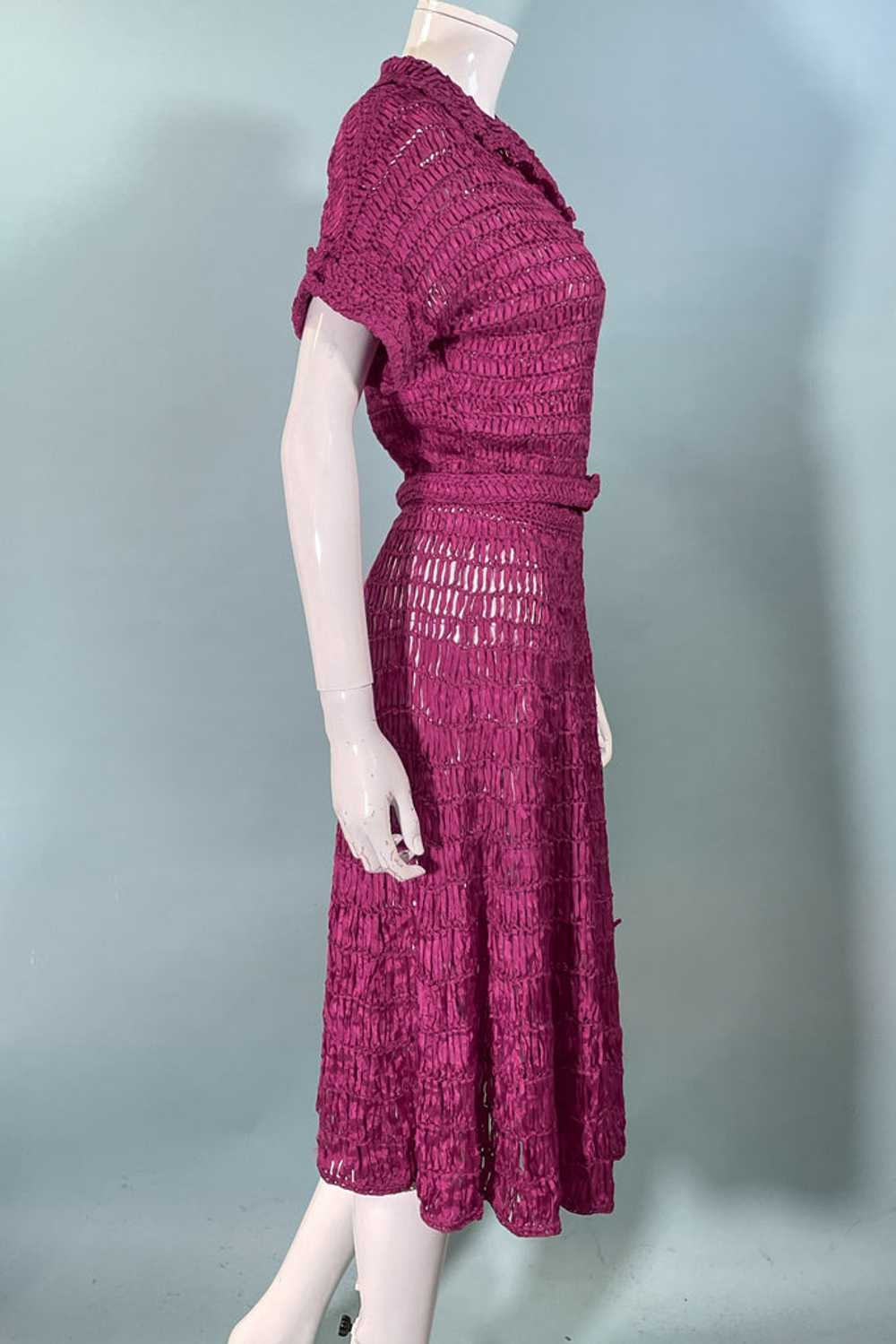 Vintage 40s Cranberry Red Ribbon Dress + Belt, Cr… - image 9